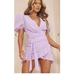 NWT PrettyLittleThing Lilac Puff Sleeve Wrap Mini Dress Size 4 Ruffle Hem